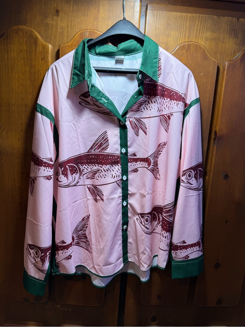 Pink Fish-Print Button-Up Blouse with Green Trim